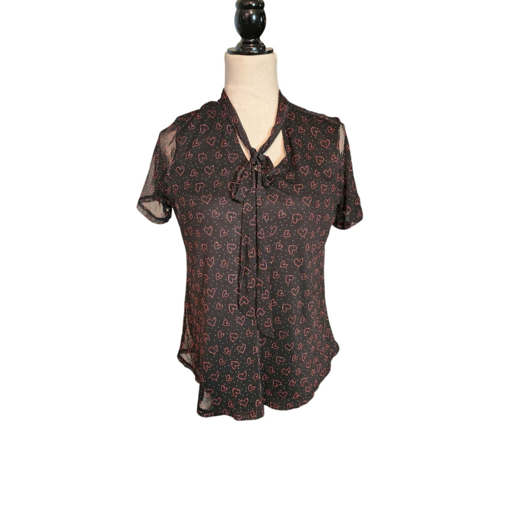 Cocomo Heart Print Sheer Sleeve V-Neck  Top Women's S Black & Red